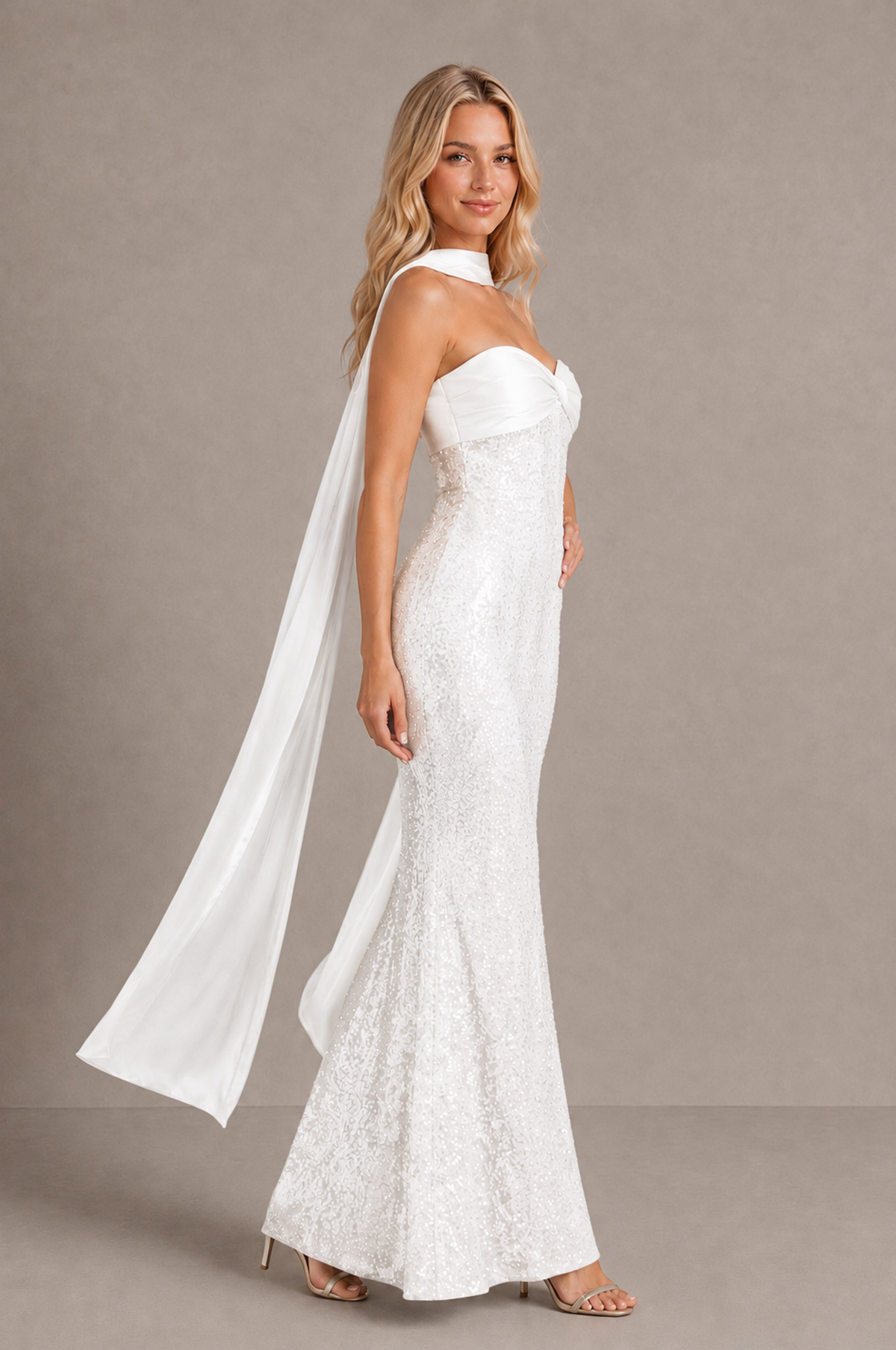 BOLODOO White Strapless Sweetheart Evening Dress with Scarf - White - White_4