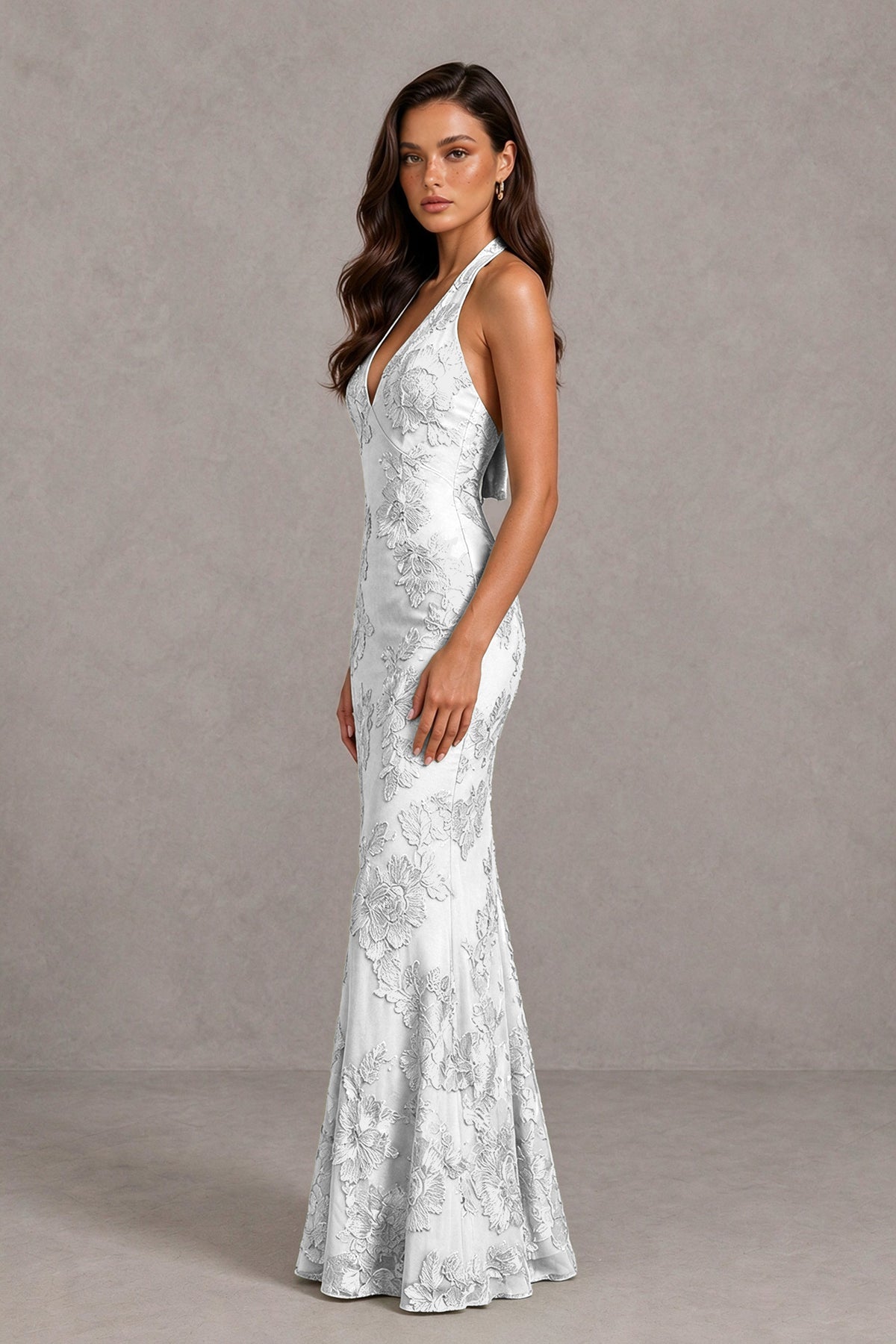 BOLODOO White Floral Jacquard Halter Maxi Dress - White - White(4)