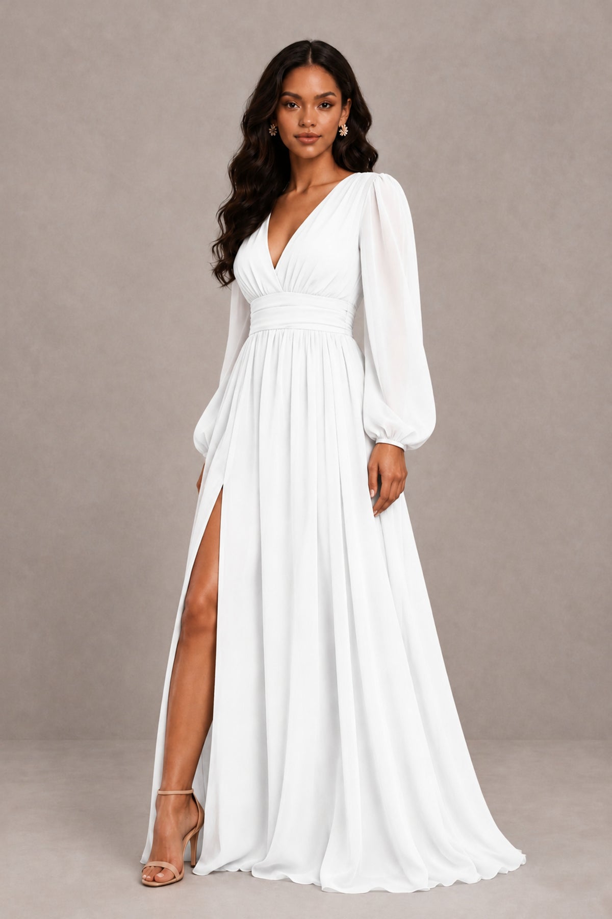 BOLODOO White Long Sleeve V-Neck A-Line Gown with Open Back & Slit - White - White_4