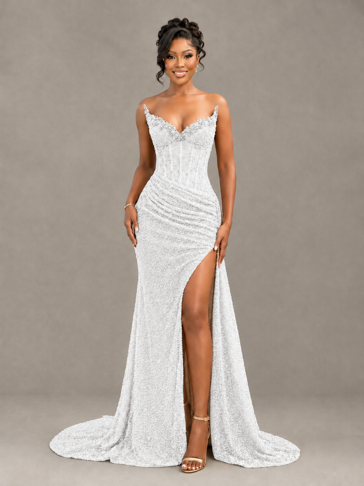 BOLODOO White Gold Corset Prom Dress with High Slit - White - White_4