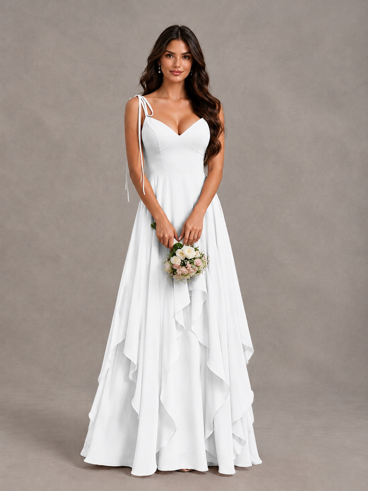 BOLODOO White Tie-Strap Ruffle A-Line Bridesmaid Dress - White - White_4