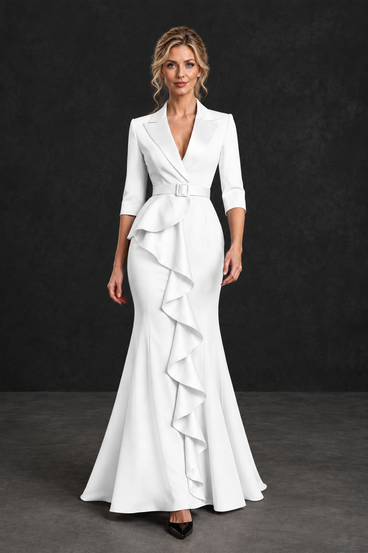 BOLODOO White Lapel Ruffle Mother of the Bride Dress with Belt - White - White_4