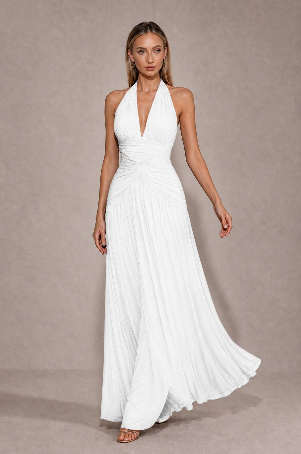 BOLODOO White Chiffon Halter Deep V-Neck Ruched A-Line Backless Maxi Dress with Train-BD0167 - White - White_4