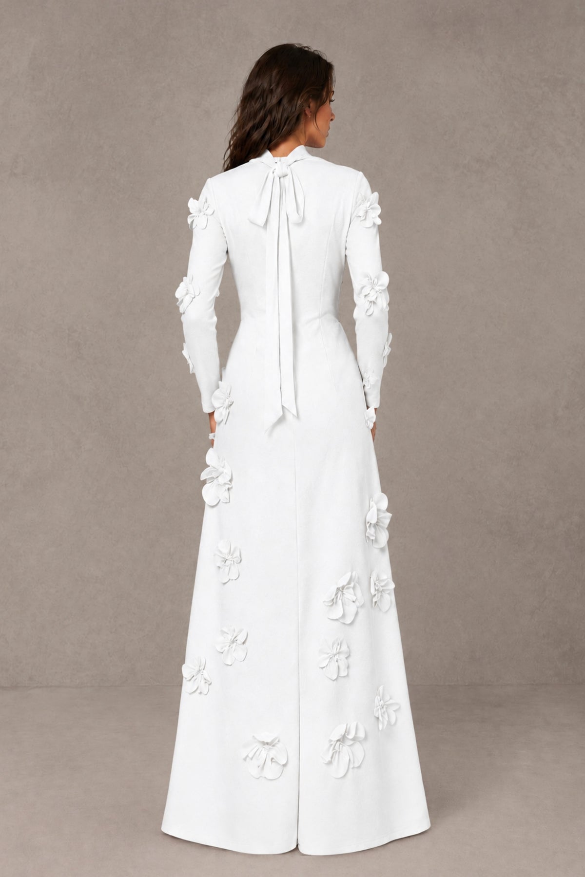 BOLODOO White High Neck Long Sleeve 3D Floral Evening Gown - White