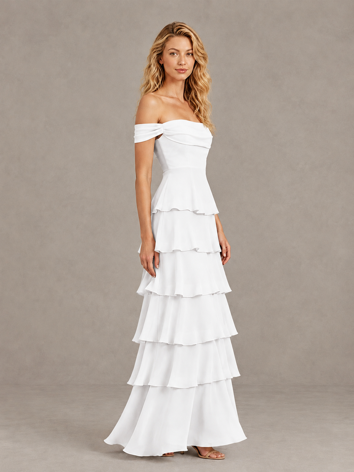 BOLODOO White Off-Shoulder Tiered Ruffle Bridesmaid Dress with Lace-Up Back - White - White_4