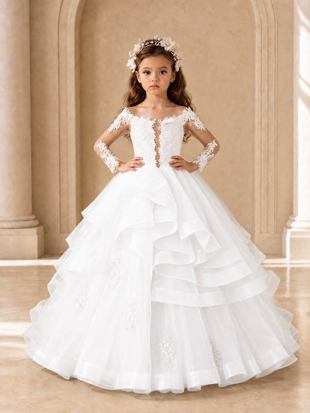 BOLODOO White Lace Long Sleeve Tiered Flower Girl Dress - White - White_4