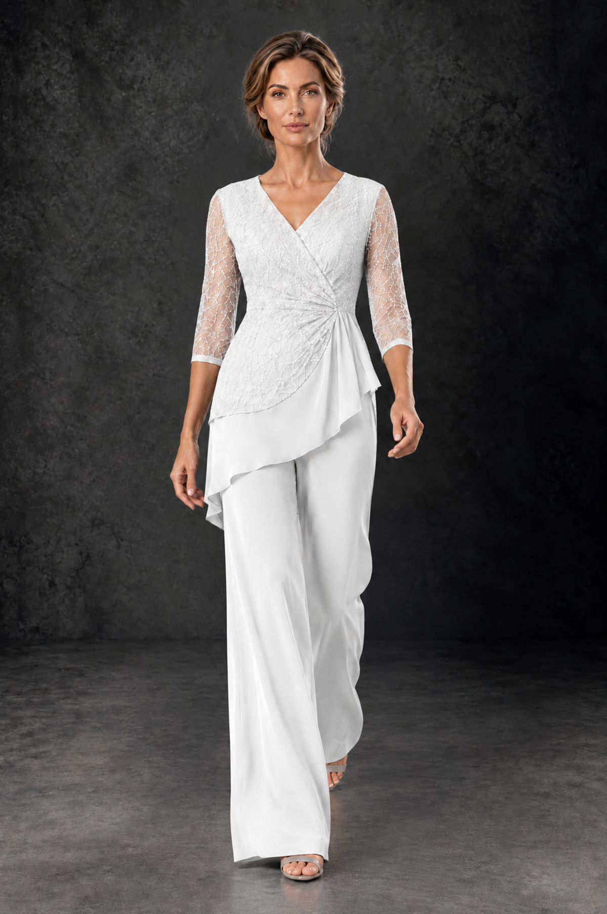 BOLODOO White Sequin Lace 3/4 Sleeve Chiffon Mother of the Bride Pant Suit - White - White_4