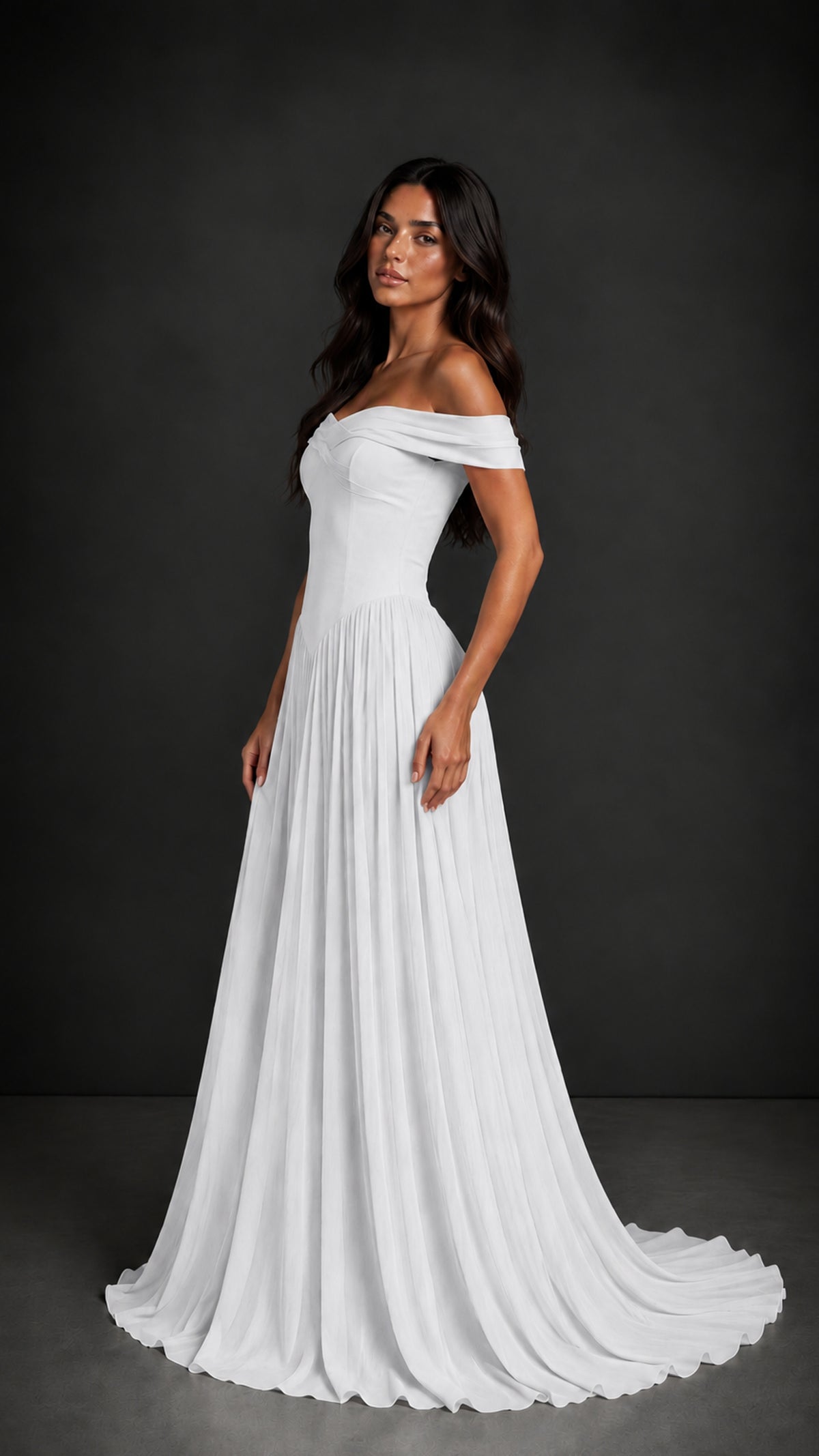 BOLODOO White Off-Shoulder Sweetheart Corset Pleated Chiffon Maxi Dress - White