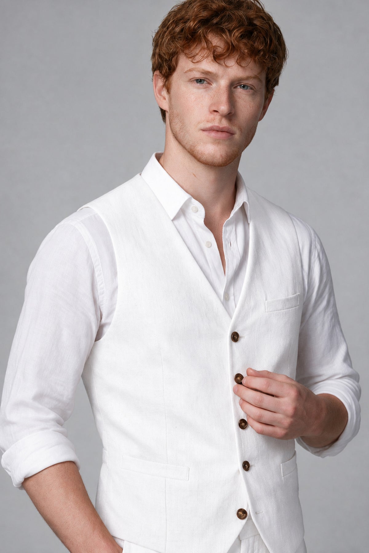Bolodoo Men's White 2-Piece Vest and Pants Set with V-Neck Waistcoat - White - White_4