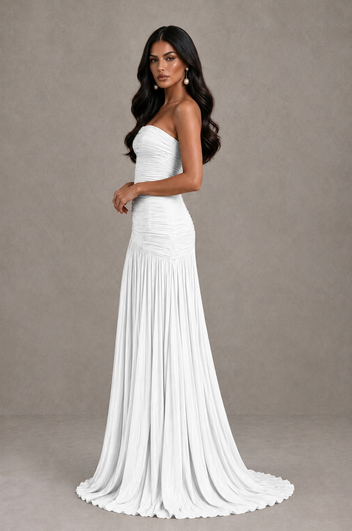 BOLODOO White Metallic Ruched Strapless Pleated A-Line Backless Maxi Dress with Train - White - White_4