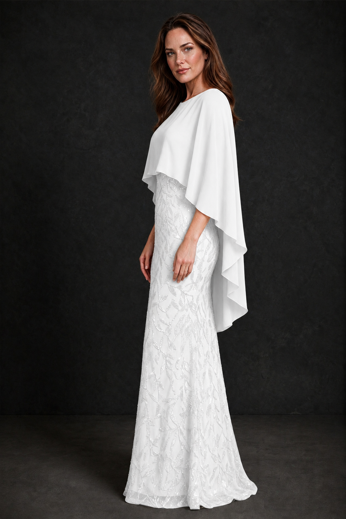 BOLODOO White Round Neck Chiffon Cape Overlay Sequin Lace Mermaid Maxi Dress - White - White_4