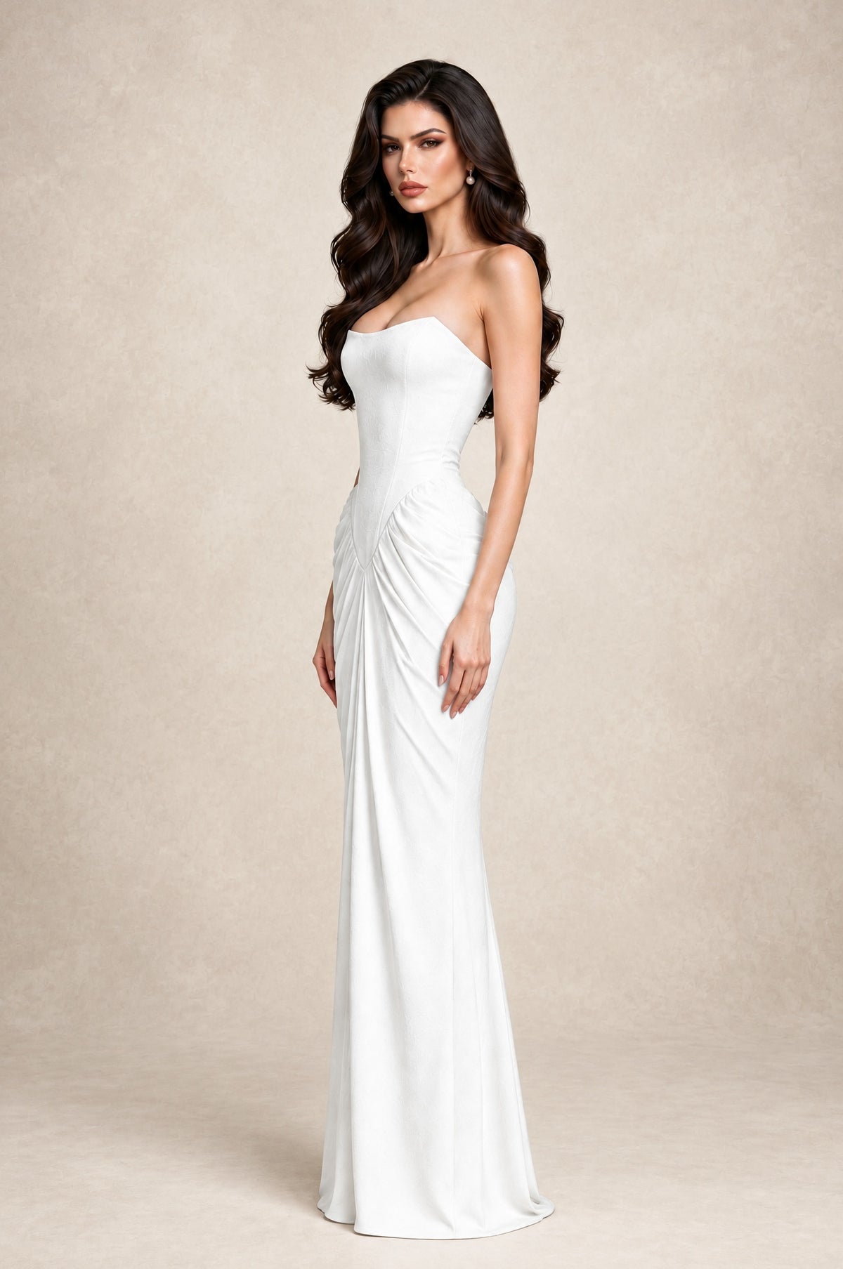 BOLODOO White Strapless Ruched Corset Evening Gown - White - White_4