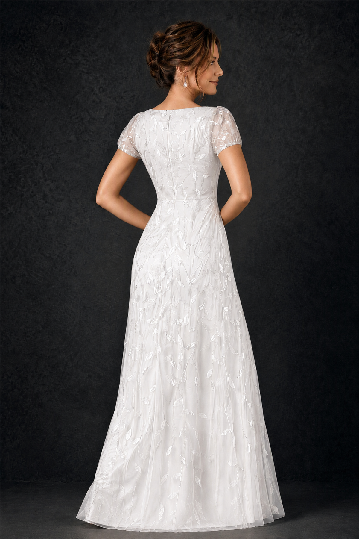 BOLODOO White Leaf Embroidered A-Line Formal Gown with Cap Sleeves - White - White_4