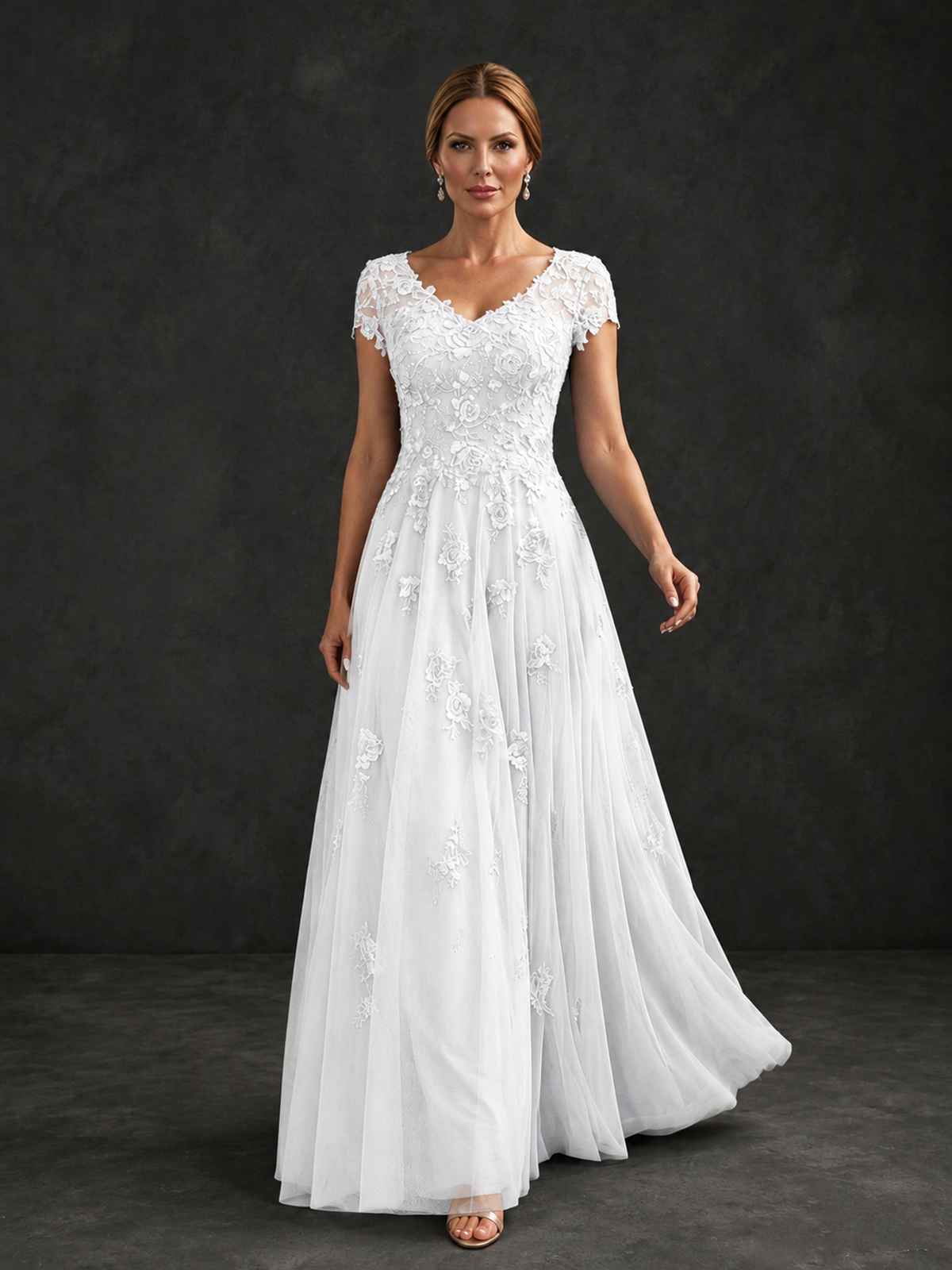 BOLODOO White Cap Sleeve Lace Appliqué A-Line Formal Gown | Mother of the Bride Dress - White - White_4