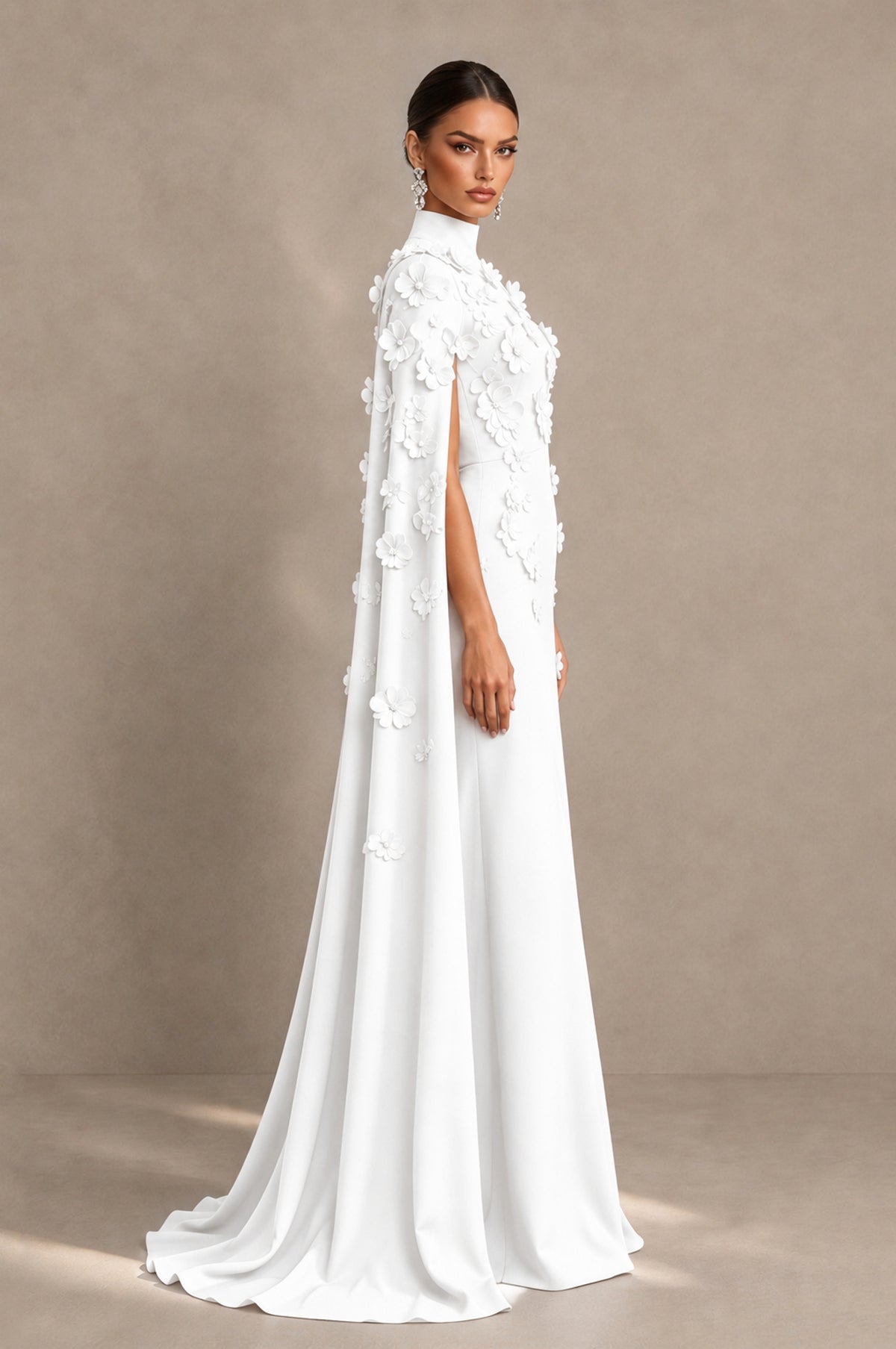 BOLODOO White 3D Floral Applique Cape Formal Dress - White - White_4