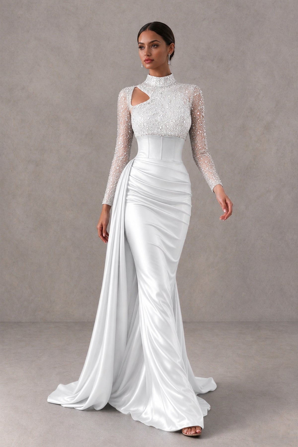 BOLODOO White Long Sleeve Embellished Satin Mermaid Evening Gown - White - White_4