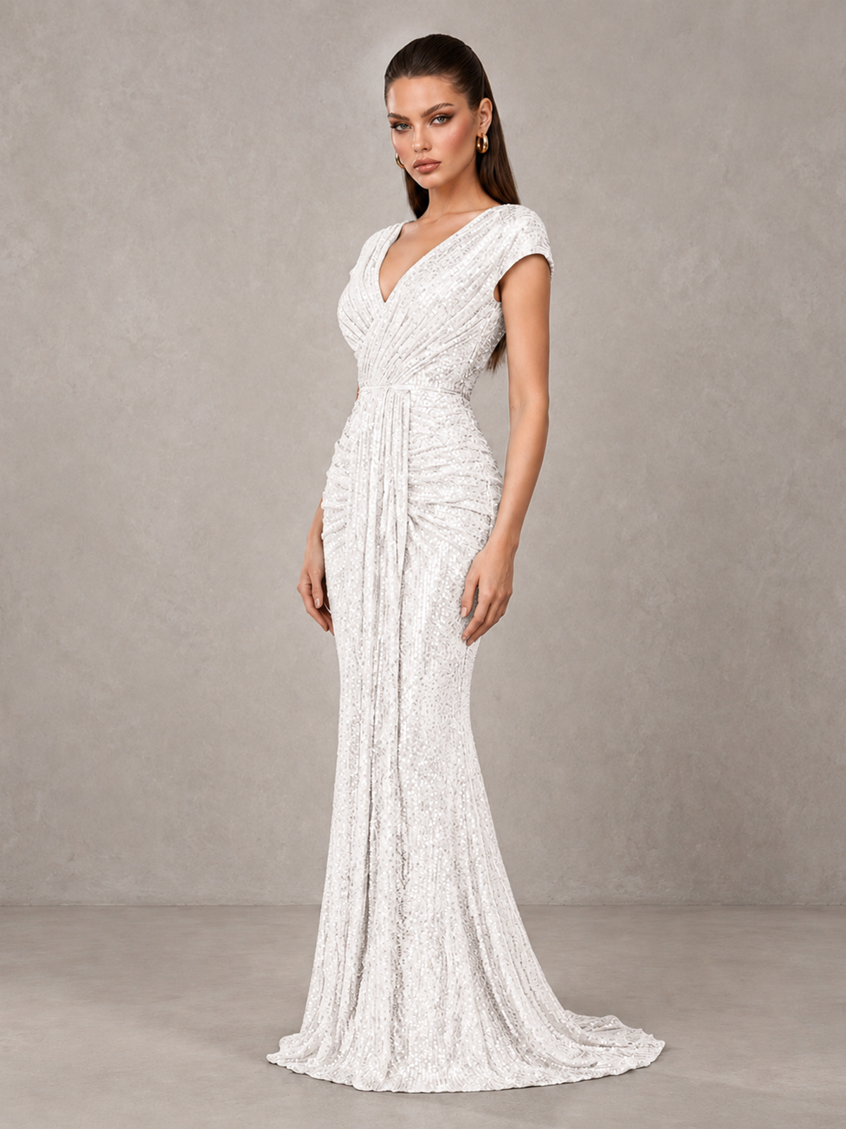 BOLODOO White Glitter V-Neck Cap Sleeve Ruched Mermaid Evening Gown - White - White_4