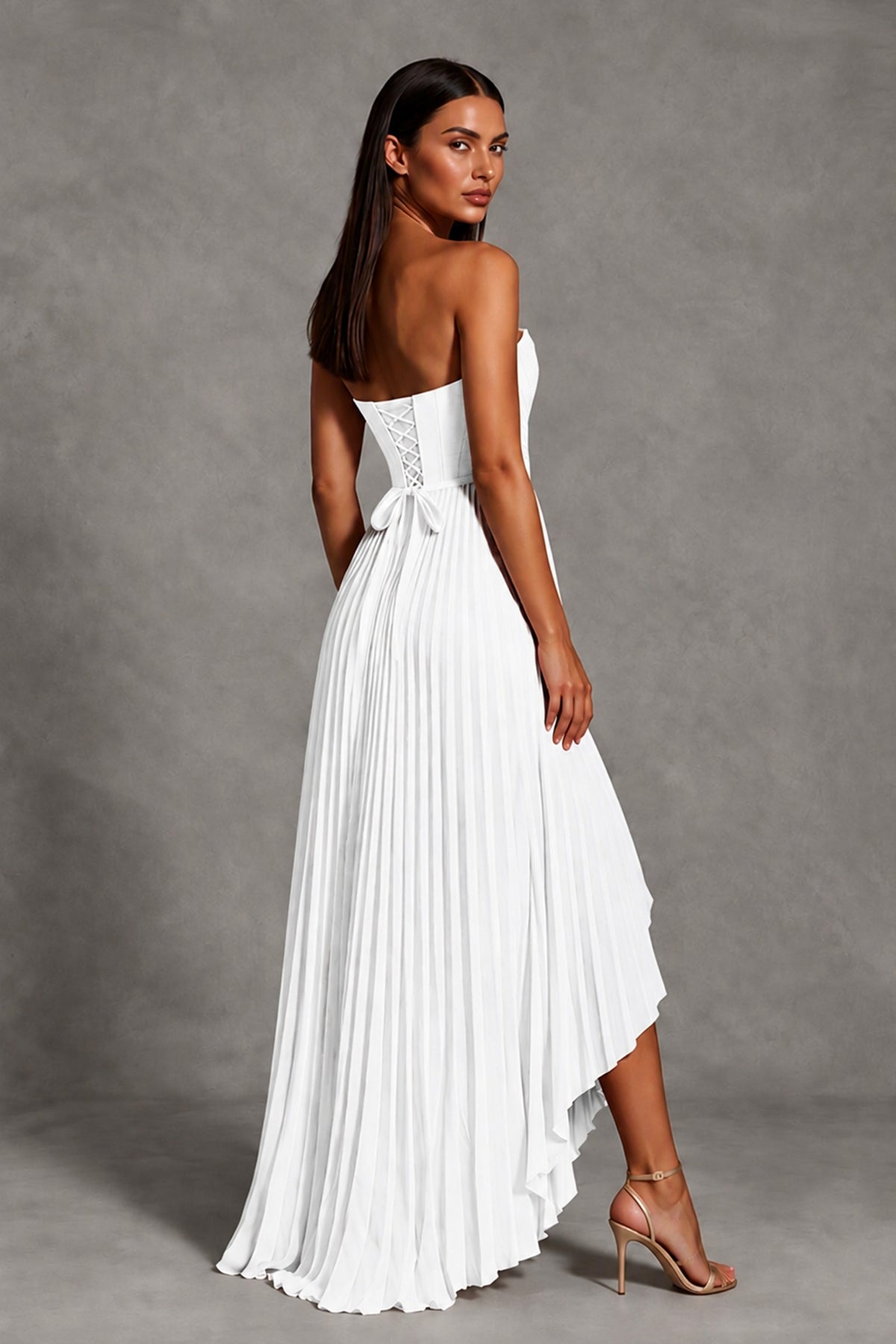 White Strapless Pleated High-Low Evening Gown with Ruffle Hem - White