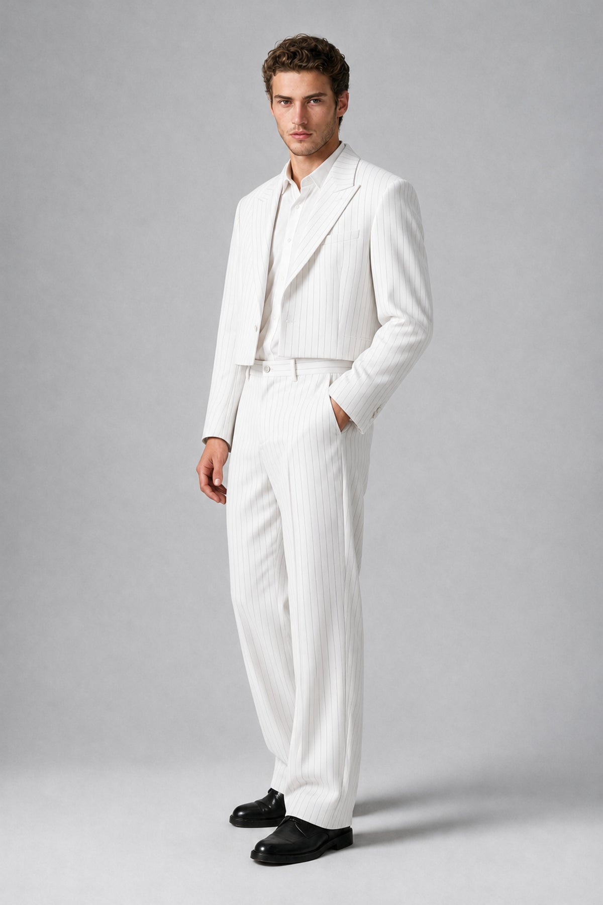 Bolodoo Men's White Pinstripe Two-Piece Suit with Cropped Blazer & Wide-Leg Trousers - White - White_4