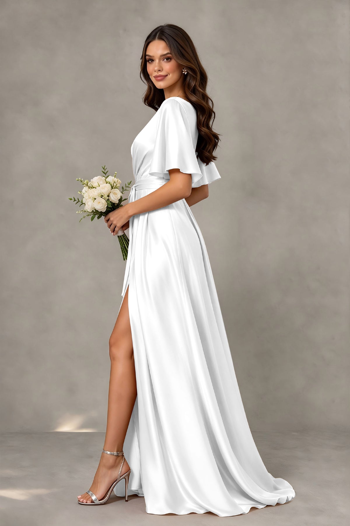 BOLODOO White Satin V-Neck Flutter Sleeve Bridesmaid Dress with Slit - White - White(4)