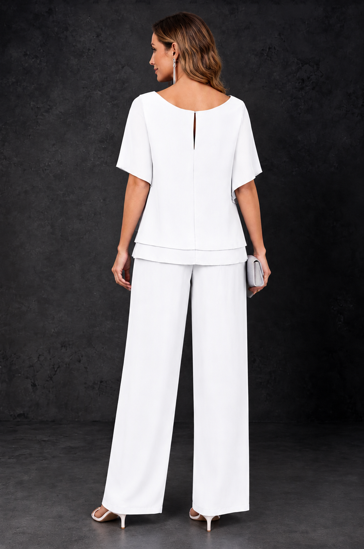 BOLODOO White Layered Chiffon-Look Mother of the Bride Pantsuit - White - White_4