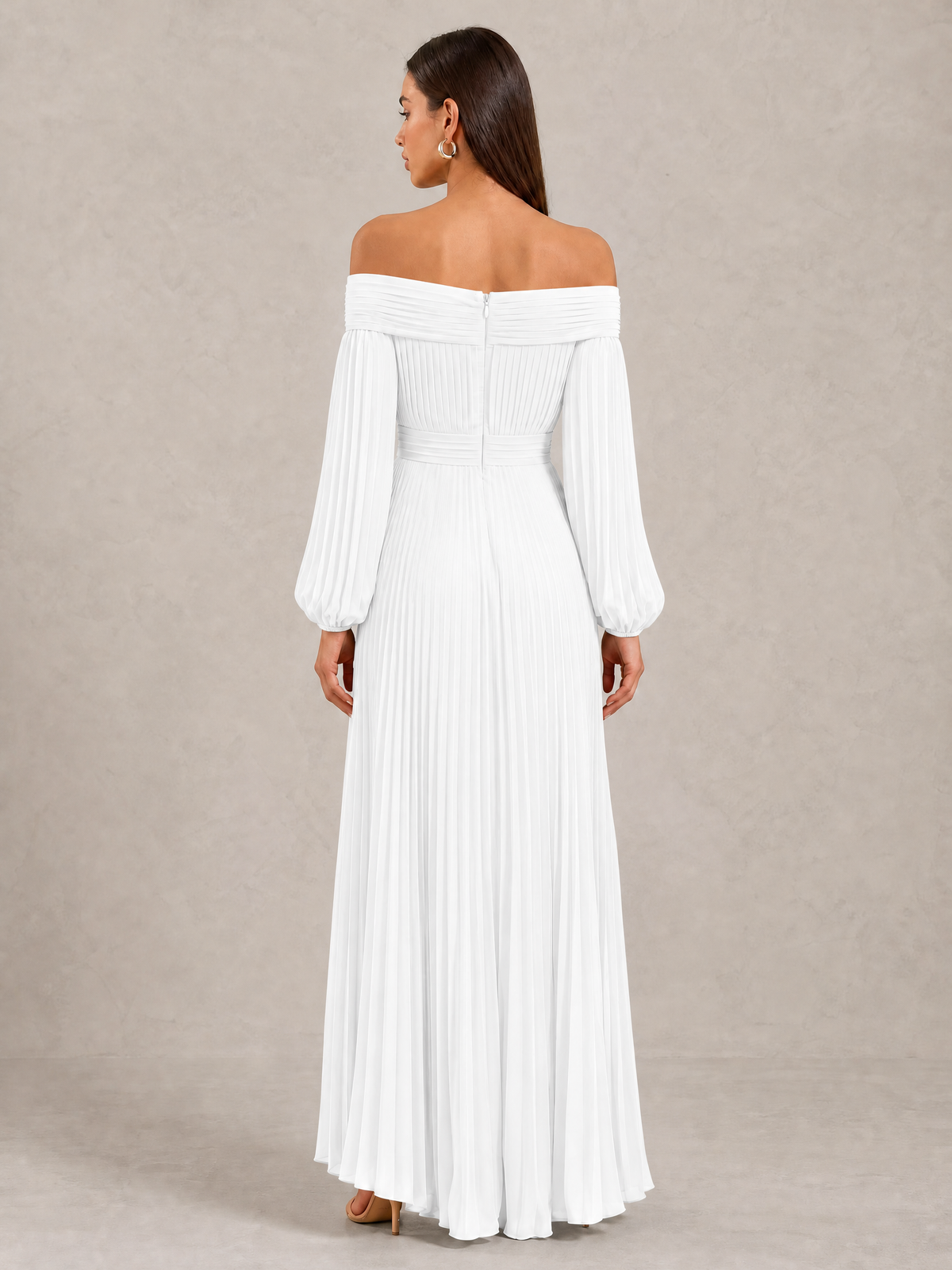 BOLODOO White Off-Shoulder Long Sleeve Pleated High-Low Dress - White - White_4