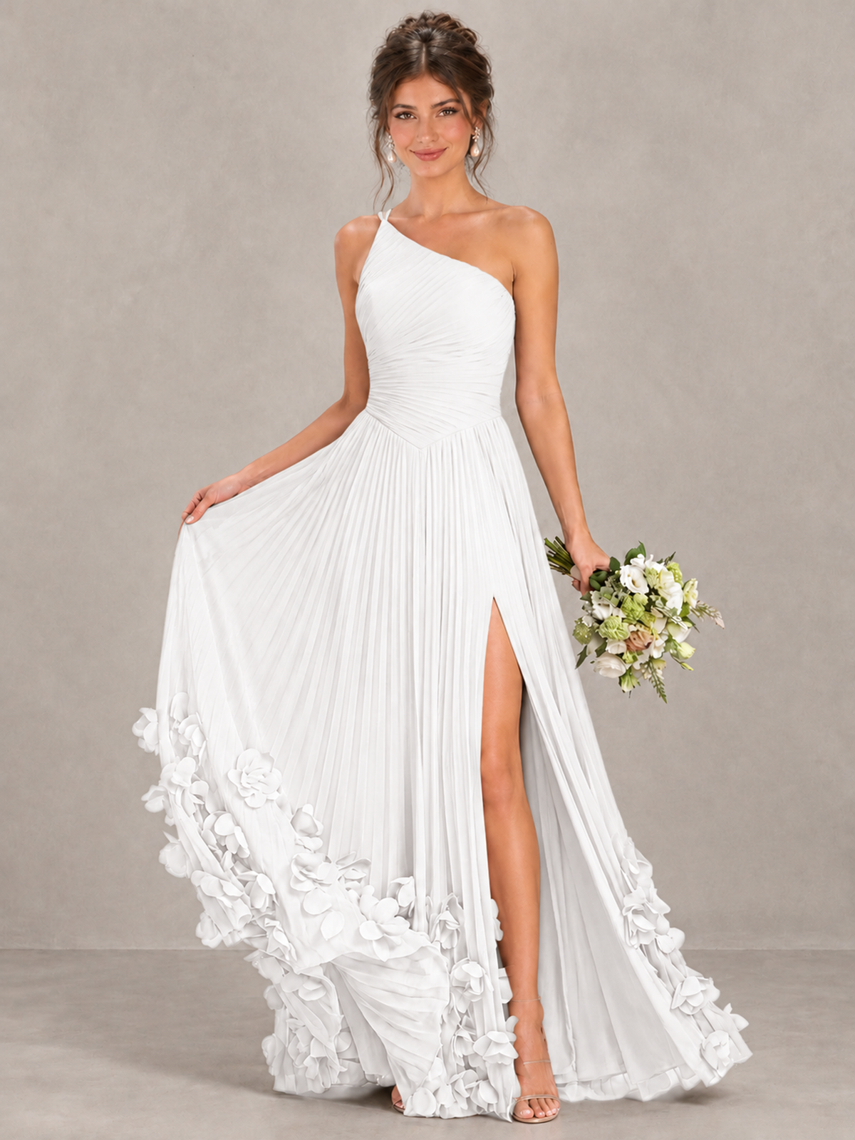 BOLODOO White One-Shoulder Pleated Bridesmaid Dress with 3D Floral Hem - White - White_4
