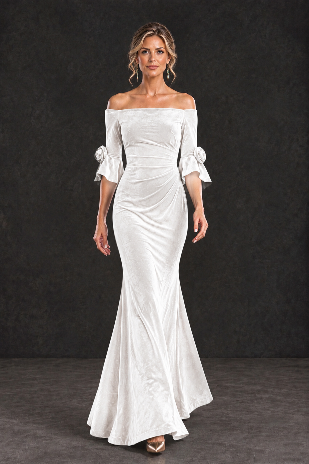 BOLODOO White Velvet Off-Shoulder Mother of the Bride Dress – 3/4 Floral Cuff Sleeve Mermaid Evening Gown - White - White_4