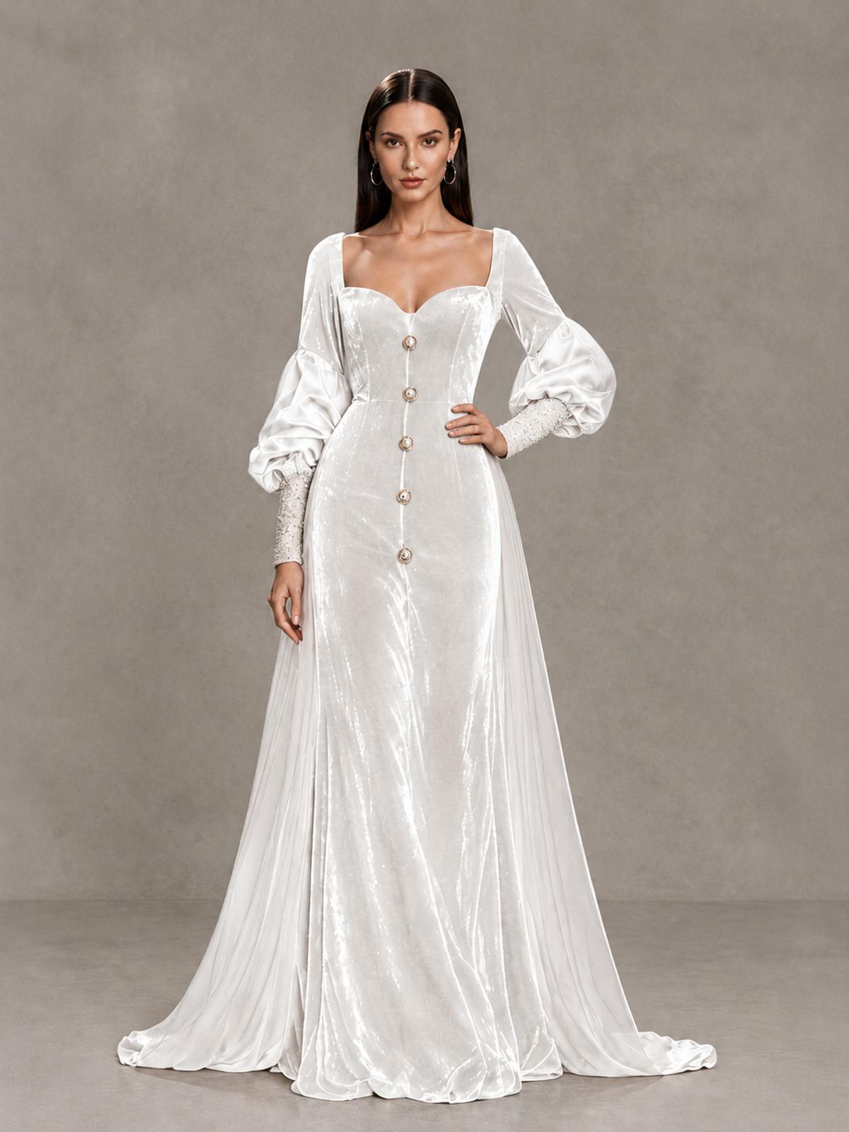 BOLODOO White Velvet Long Sleeve Open-Back Evening Gown - White - White_4