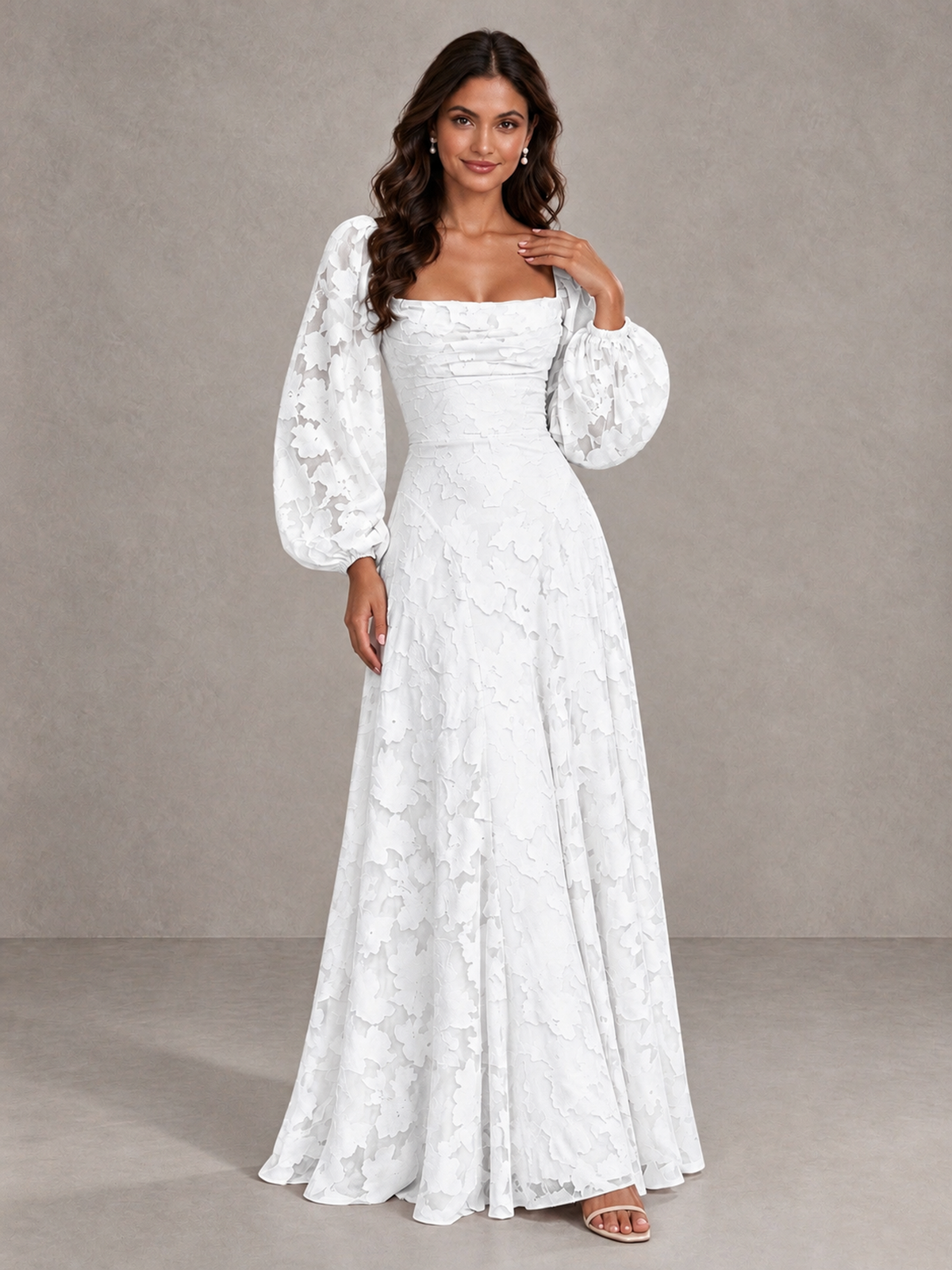 BOLODOO White Floral Long Sleeve A-Line Bridesmaid Dress - White - White_4