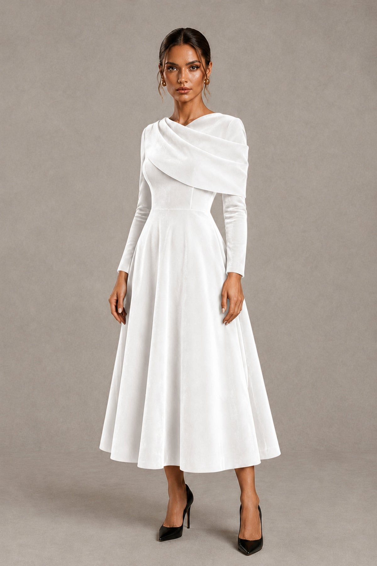 BOLODOO White Velvet-Look Long Sleeve Tea-Length A-Line Dress with Draped Neckline - White - White_4