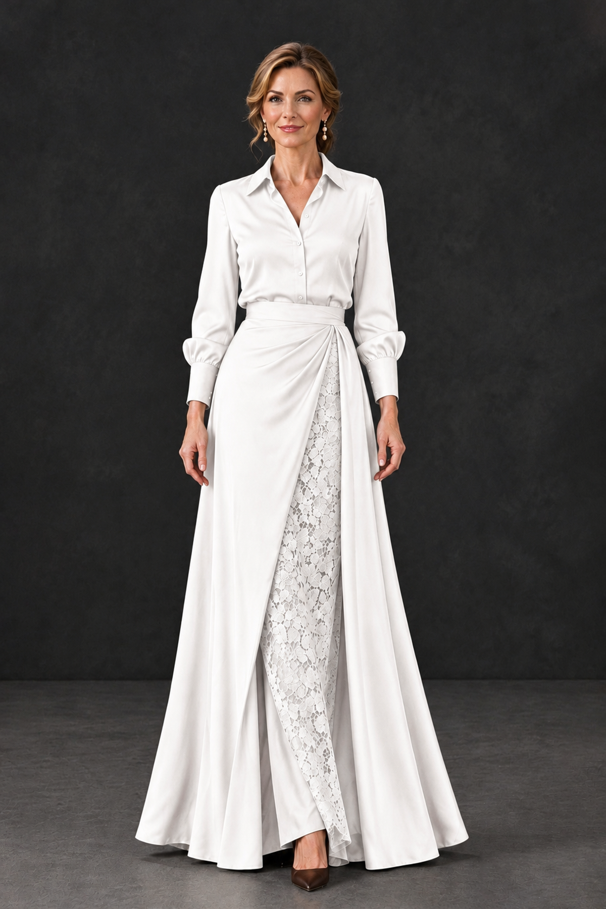 BOLODOO White Long Sleeve Satin-Look Lace Panel Gown - White - White_4