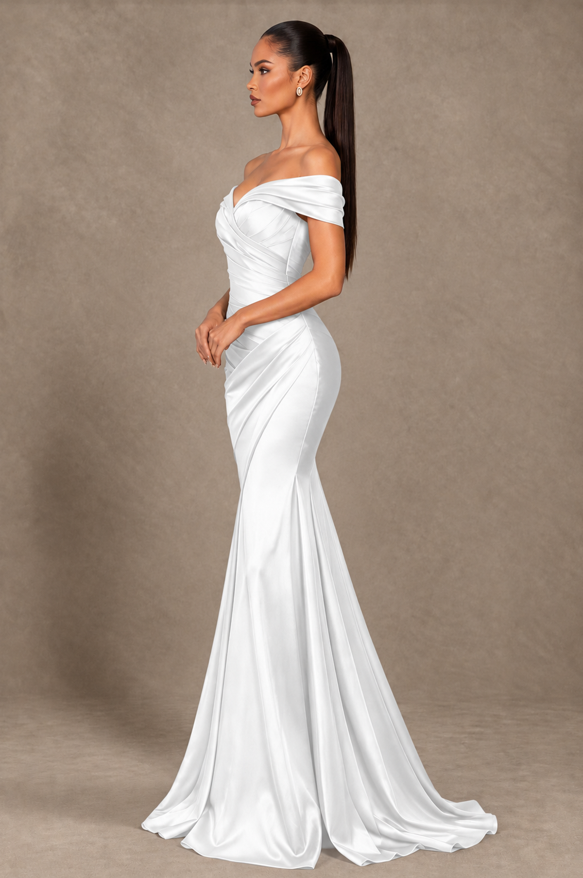 BOLODOO White Off-the-Shoulder Ruched Satin Mermaid Evening Dress - White - White_4