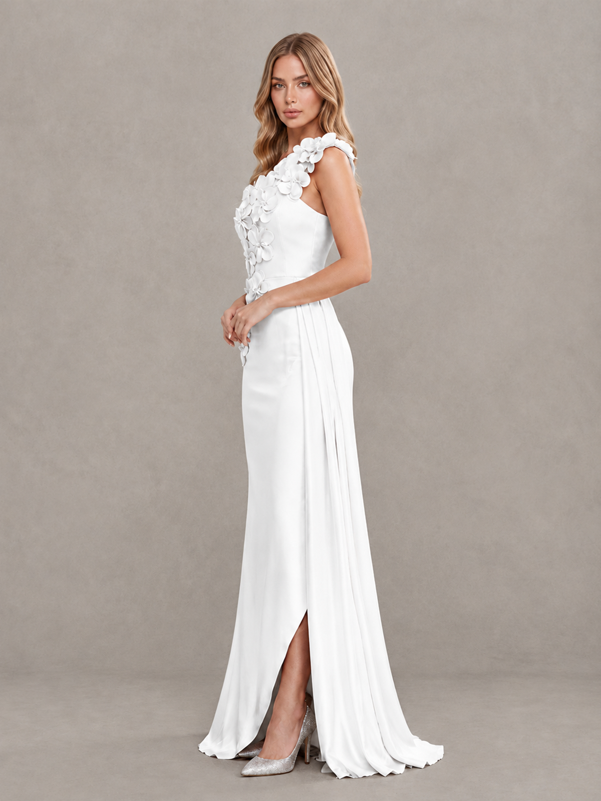 BOLODOO White One-Shoulder Satin Mermaid Evening Gown with 3D Floral Appliqué - White - White_4