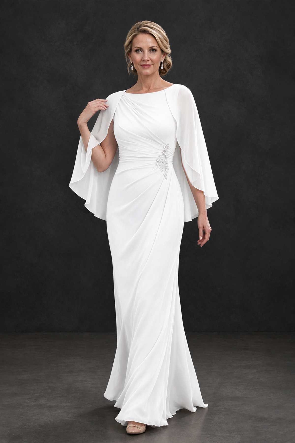 BOLODOO White Cape Sleeve Mother of the Bride Dress with Ruched Waist - White - White_4
