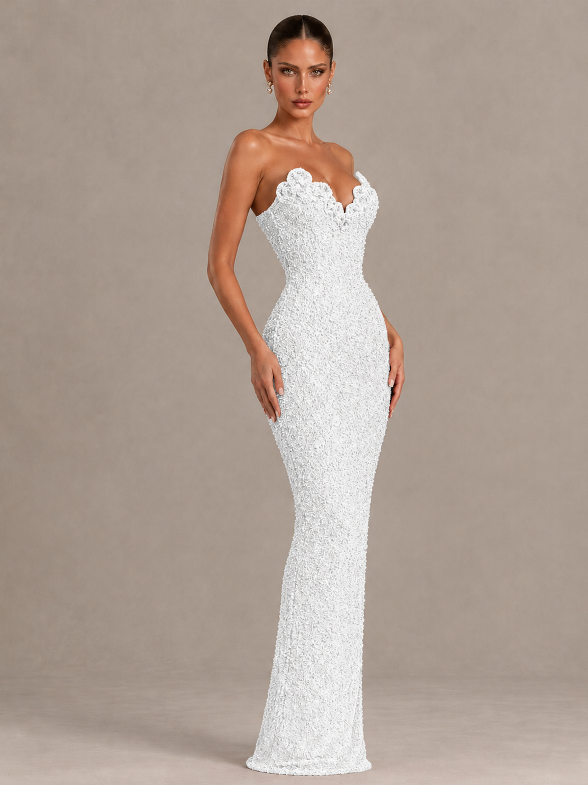 BOLODOO White Strapless Sequin Evening Gown with Floral Neckline - White - White_4