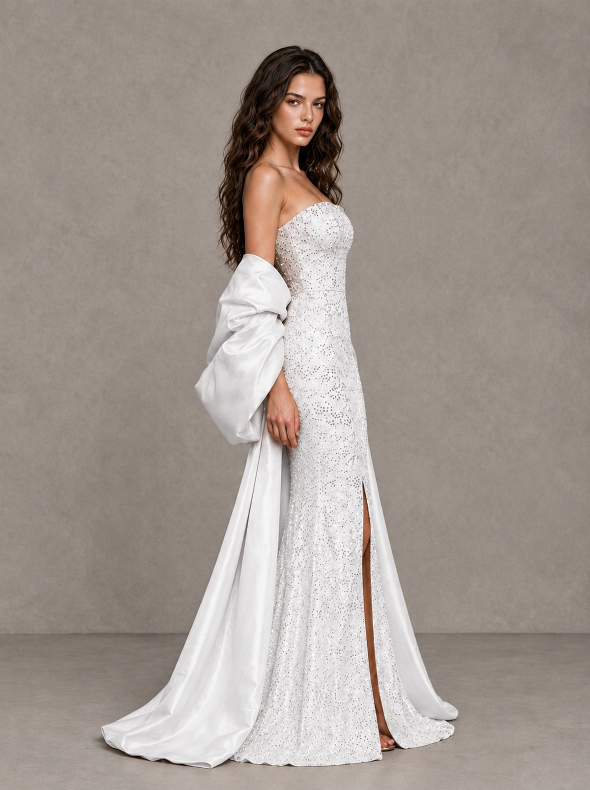 BOLODOO White Strapless Sparkle Mermaid Prom Dress with Front Slit and Draped Sleeves - White - White_4