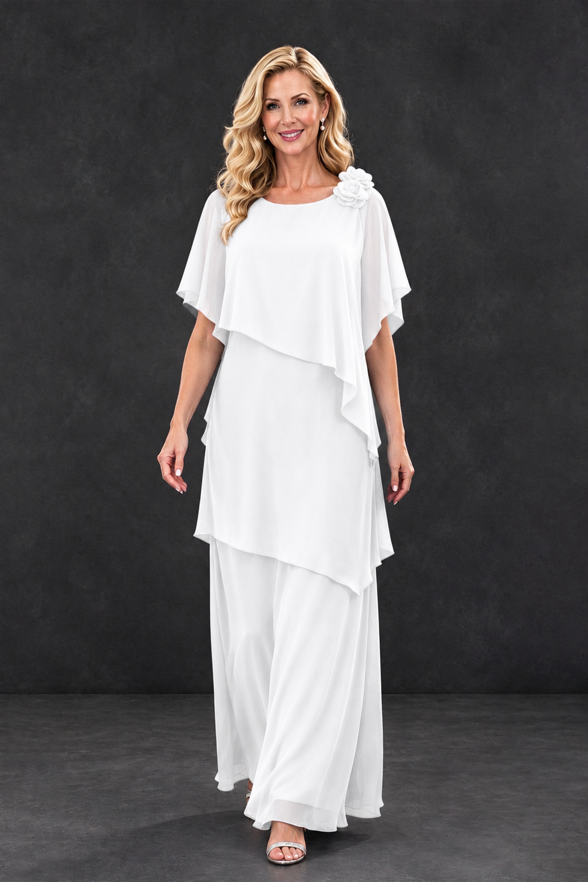 BOLODOO White Tiered Flutter Sleeve Mother of the Bride Maxi Dress - White - White_4