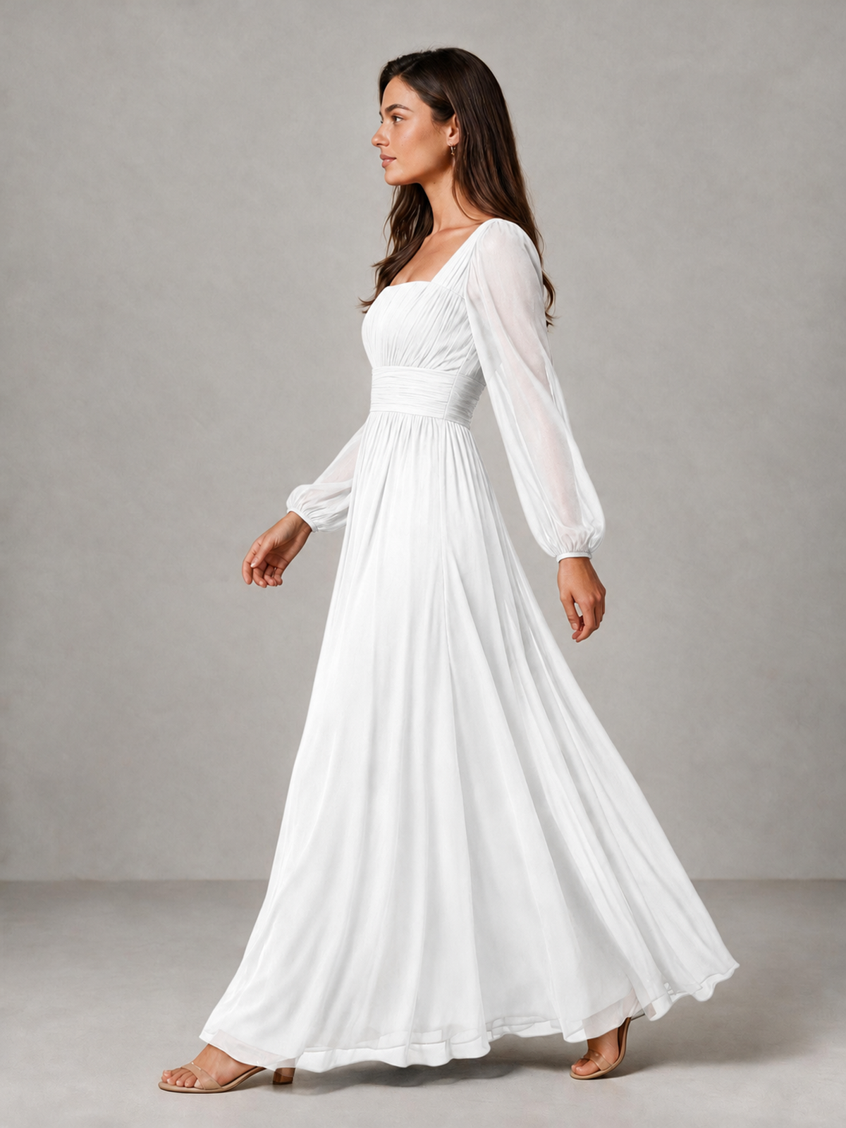 BOLODOO White Square Neck Long Sleeve Chiffon Bridesmaid Dress - White - White_4