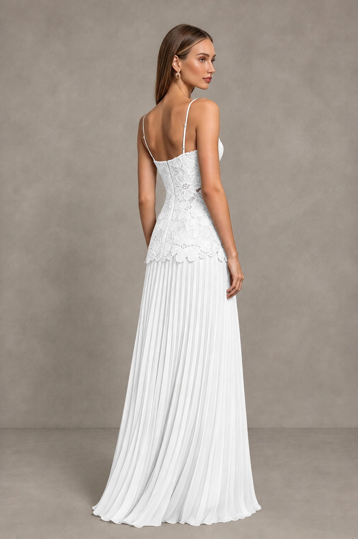 BOLODOO White Lace Bodice Pleated Wedding Guest Dress - White - White_4