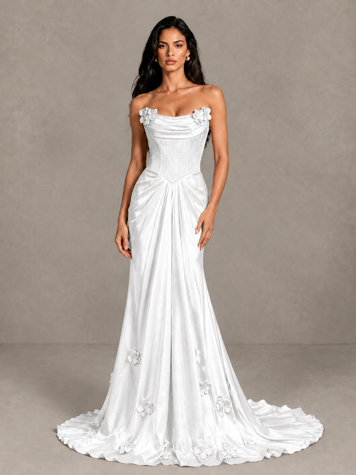 BOLODOO White Strapless Floral Corset Evening Gown with Train - White - White_4