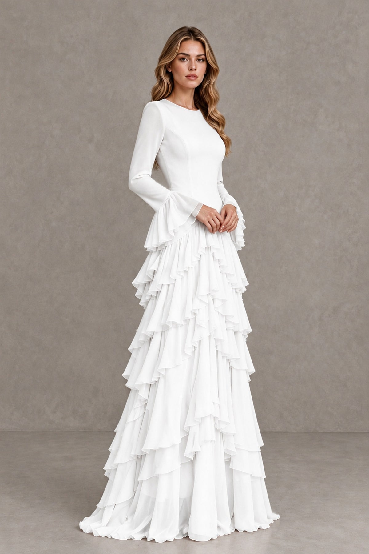 White Long Sleeve Tiered Ruffle Evening Gown - White - White_4
