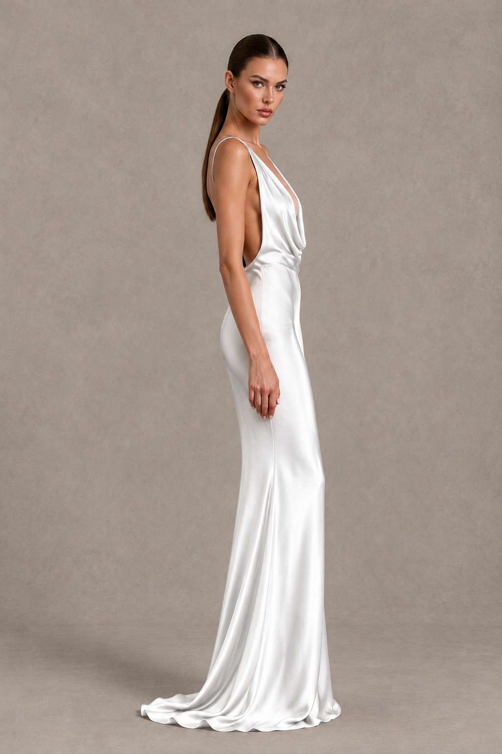 BOLODOO White Cowl Neck Backless Satin Mermaid Evening Dress - White - White_4