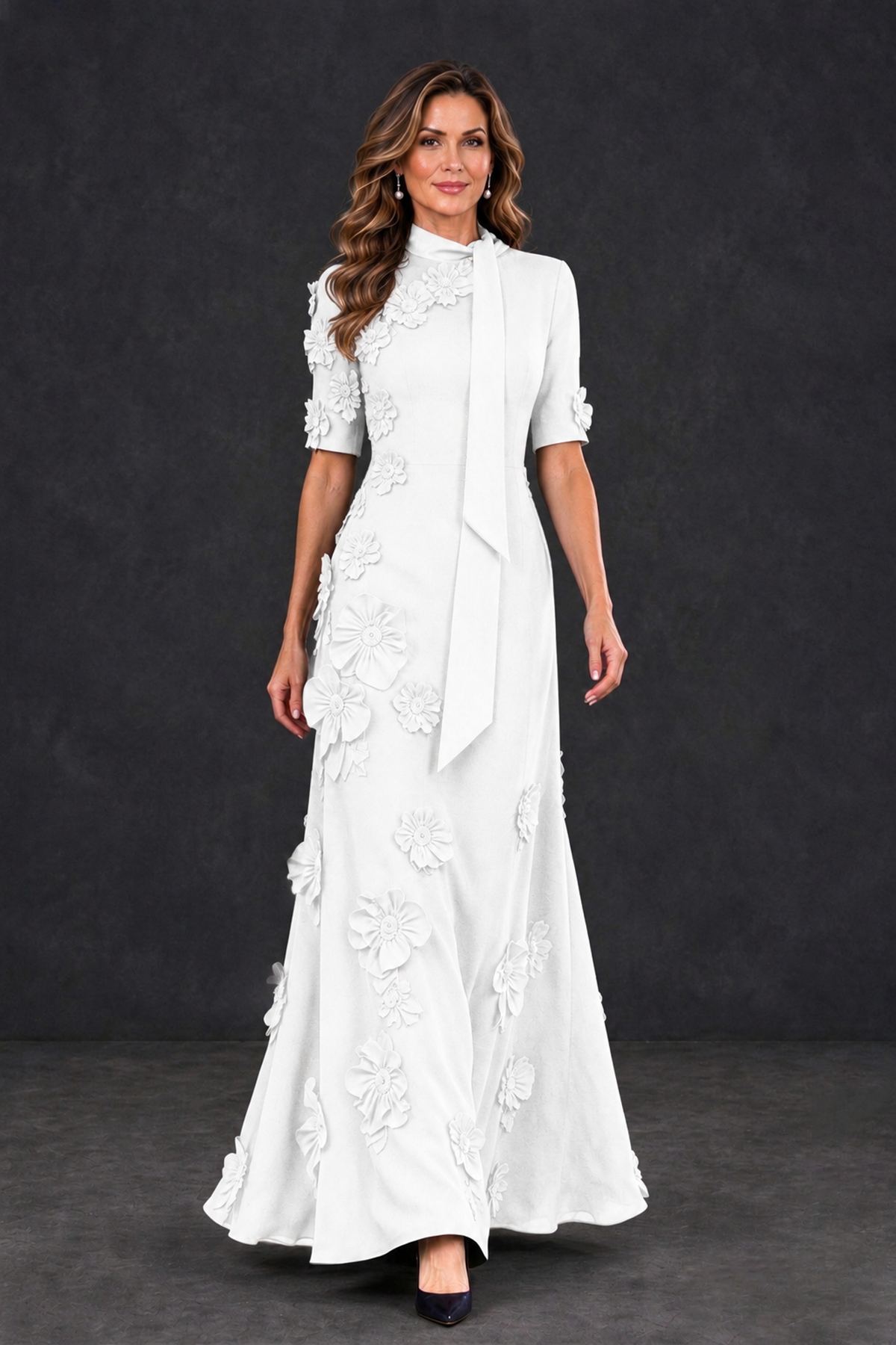 BOLODOO White Floral Applique High-Neck Half-Sleeve Gown - White - White_4