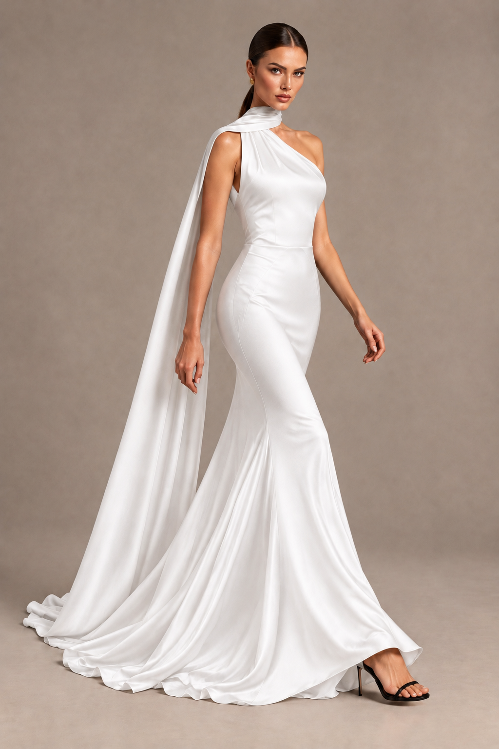 BOLODOO White One-Shoulder Satin Mermaid Evening Dress with Scarf - White - White_4