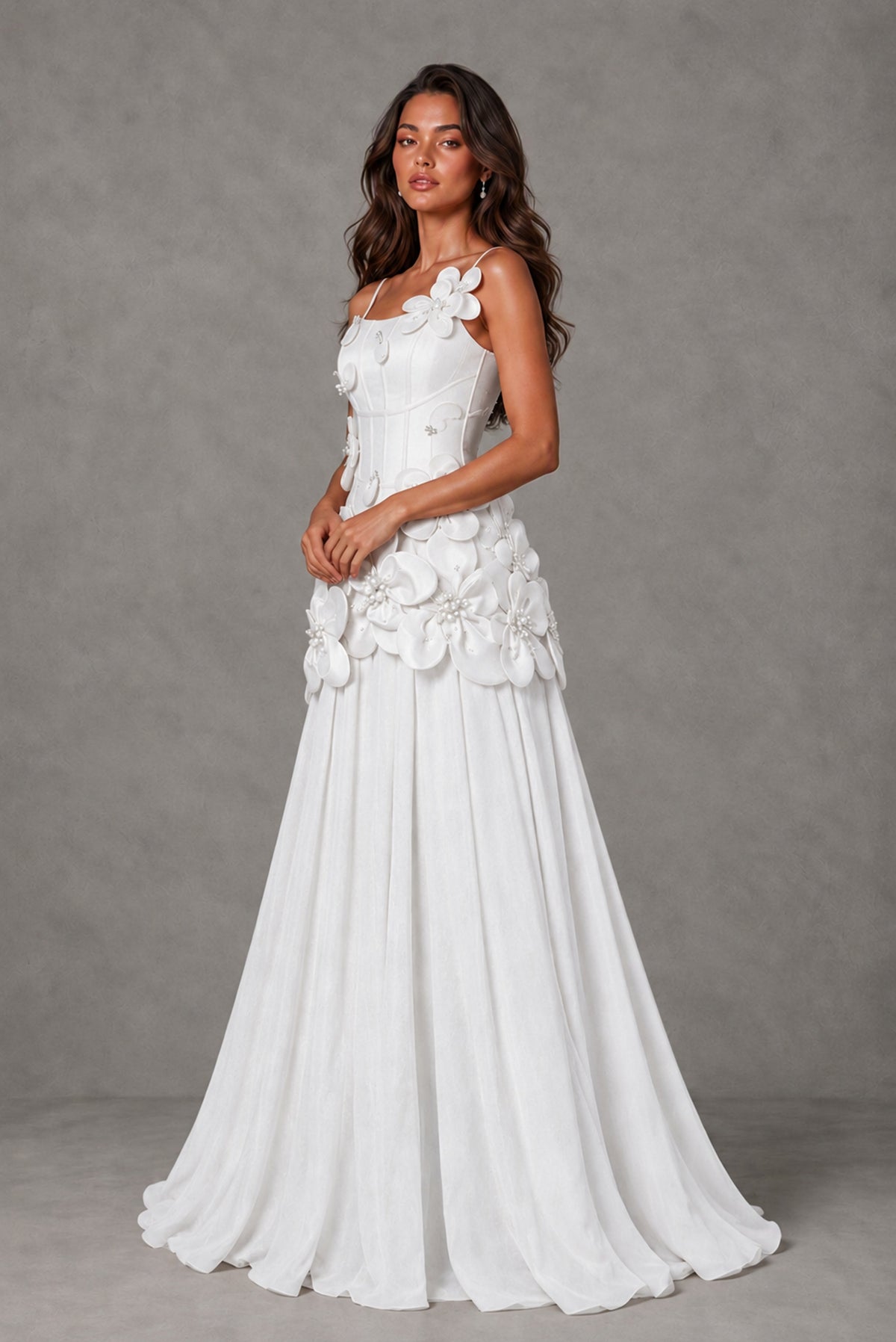 BOLODOO White 3D Floral Appliqué Floor-Length A-Line Evening Gown - White