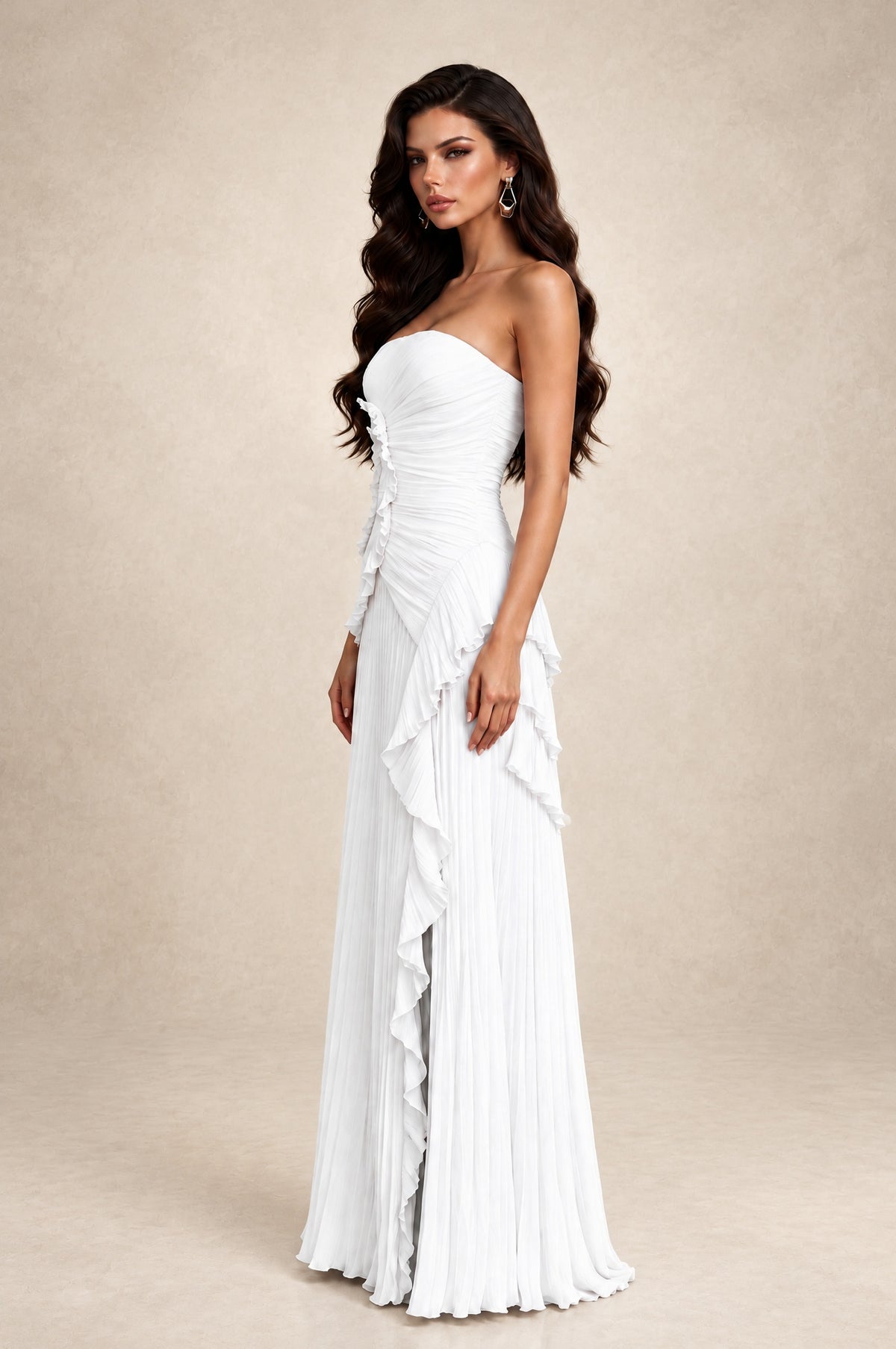 BOLODOO White Strapless Ruffle Pleated Slit Evening Gown - White - White_4