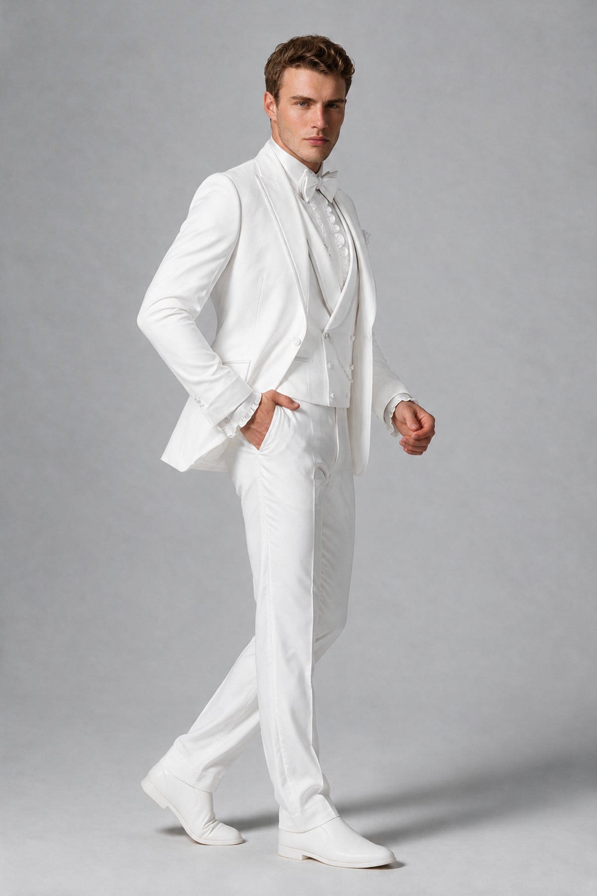 Bolodoo Men's White and White Three-Piece Wedding Tuxedo Suit - White - White_4