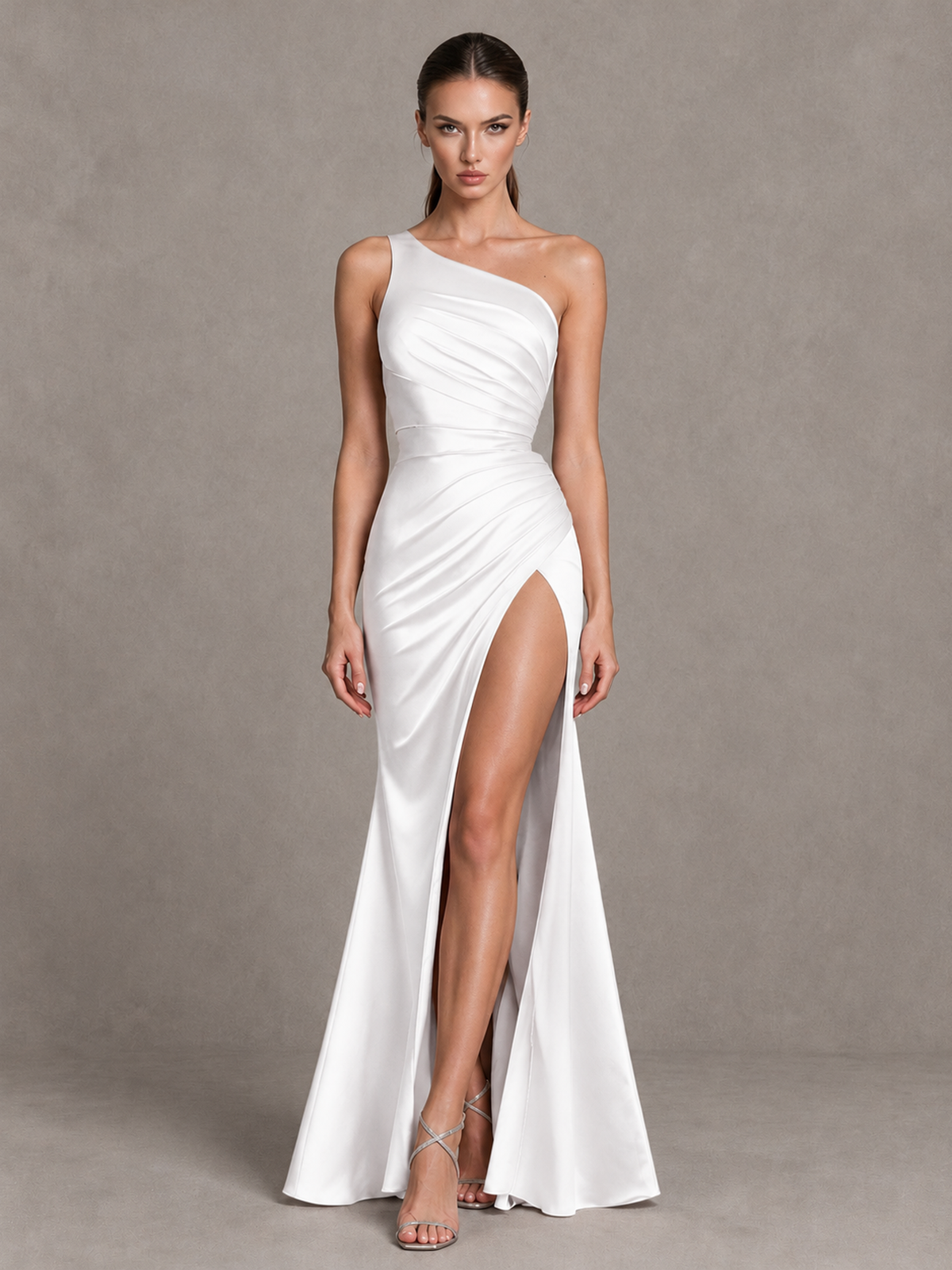 BOLODOO White One-Shoulder Ruched Satin-Look Evening Gown with High Slit - White - White_4