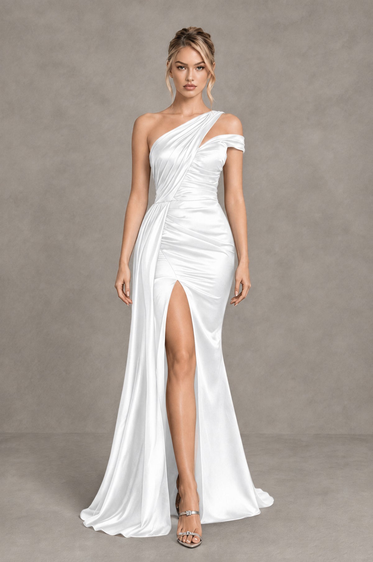 BOLODOO White Asymmetric Ruched Formal Evening Dress - White - White_4